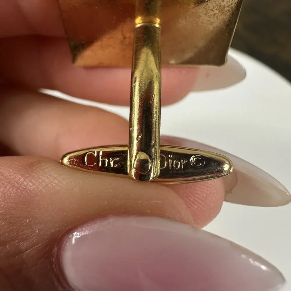 Christian Dior Cufflinks Mens Gold Tone Black Enamel Logo Rectangular Locking